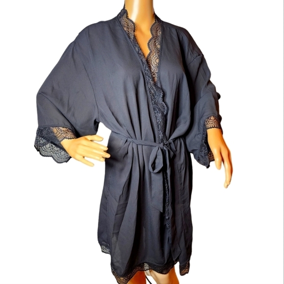 NWT Macy's INC Black Lace Trim Short Robe Women's Size XXL - Picture 6 of 14